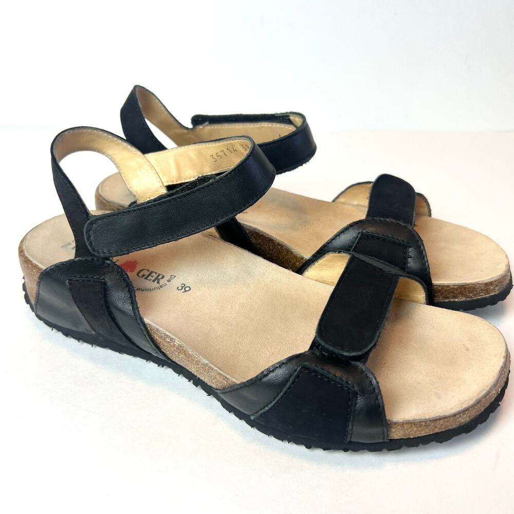 Haflinger Black Leather Sandals Cork Sole Comfort Walking Travel Shoes Size 8